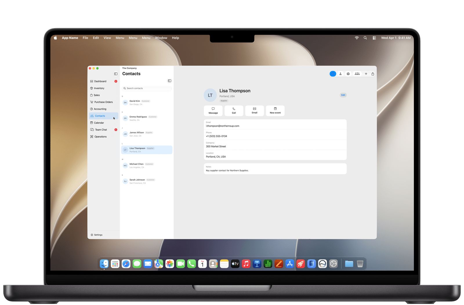 Supplier contact profile with communication and calendar actions